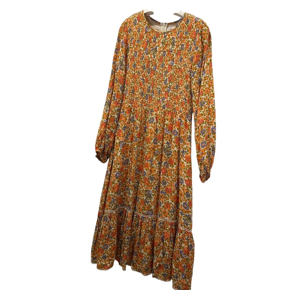 Lost + Wander Orange floral FALL smocking maxi prairie dress M